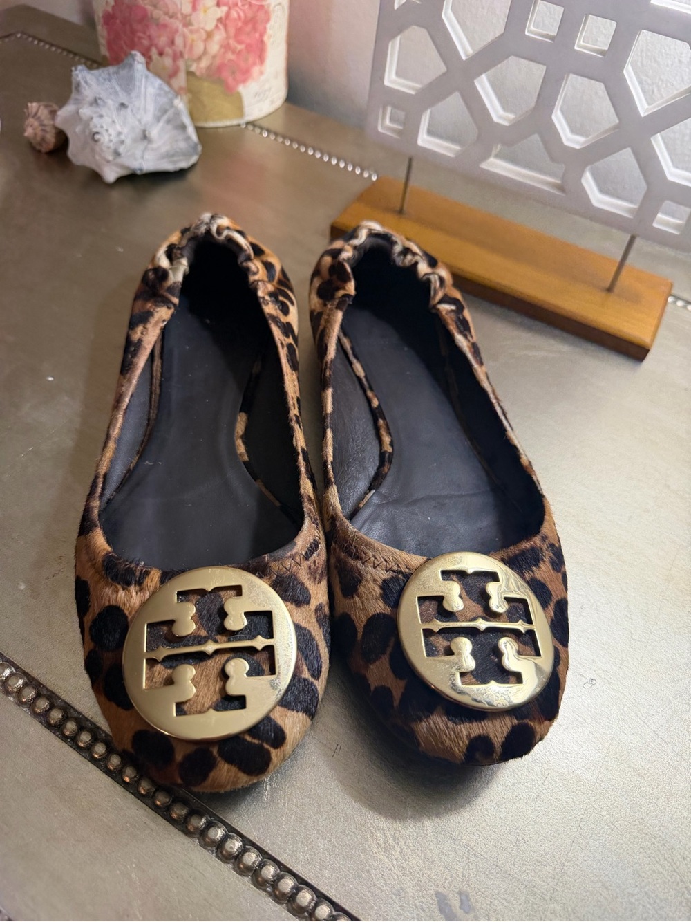 Tory Burch Leopard-Print Reva Ballet Flats with Gold Logo